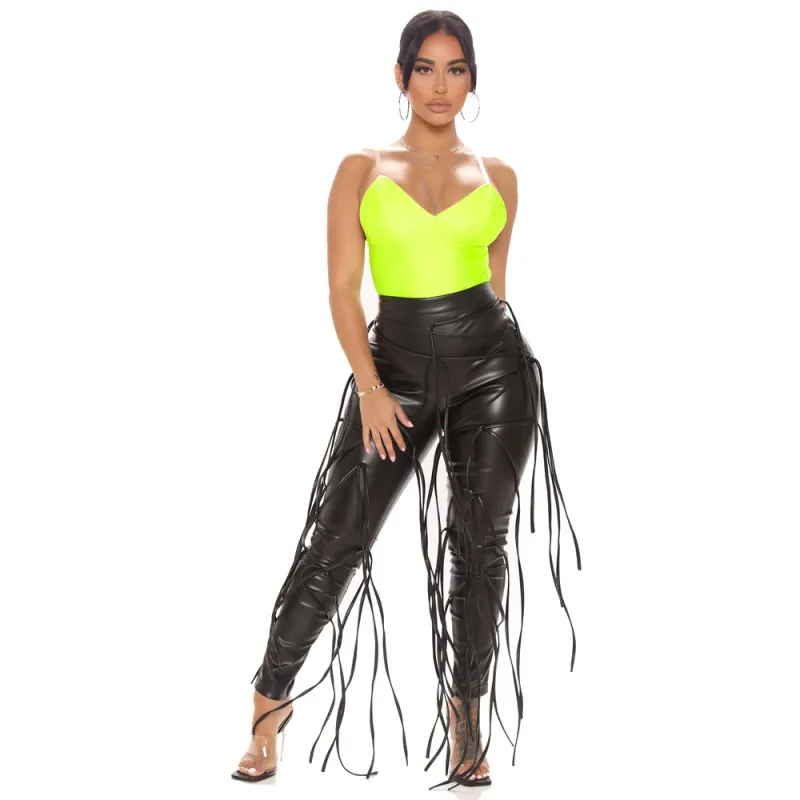 Women Fashion Casual Lace-Up PU Tight Pants