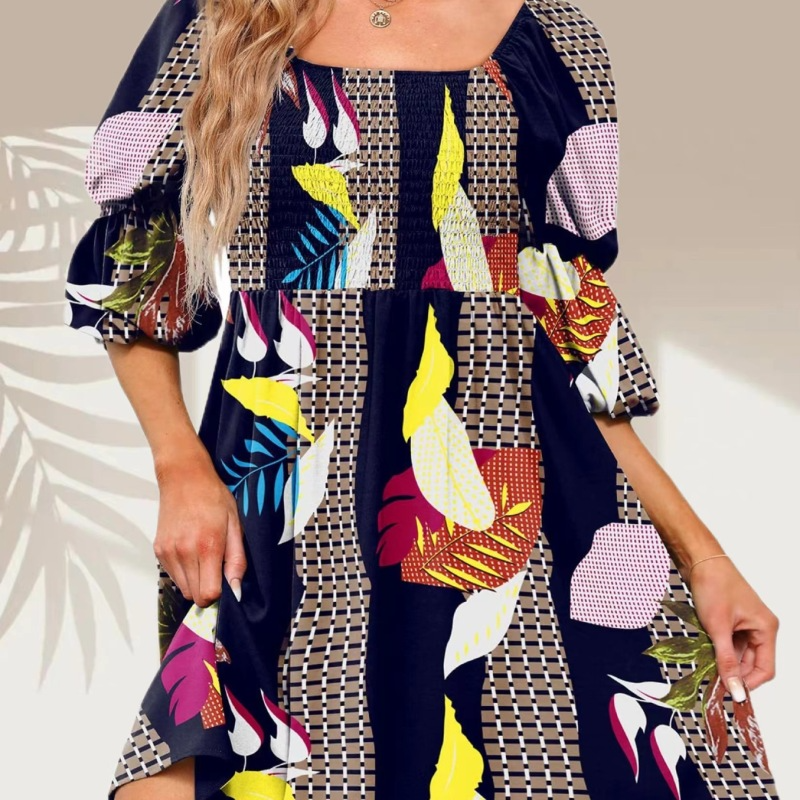 Women'S Fashion Casual Printing Puff Sleeve Square Neck Dress