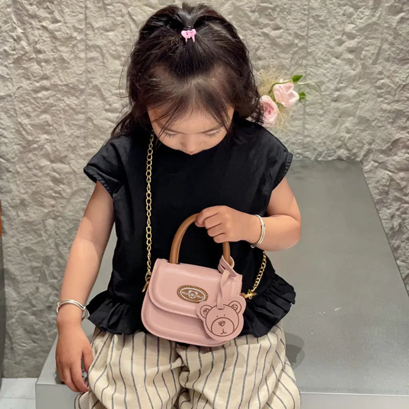 Children Kids Baby Fashion Girls Cartoon Bear Chain Mini Pu Leather Crossbody Shoulder Handle Bag