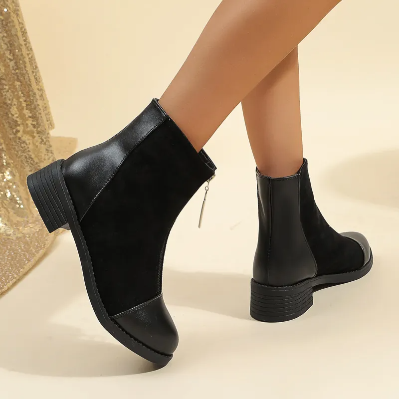 Women Fashion British Style Plus Size Front Zipper Round Toe Short Boots