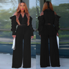 Women Solid Color Hollow Cool-Shoulder Puff Sleeve Long-Sleeved Top Casual Wide Leg Pants Office Chic Sets