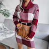 Women Casual Elegant Winter Plaid Turtle Neck Color Blocking Knitted Dress