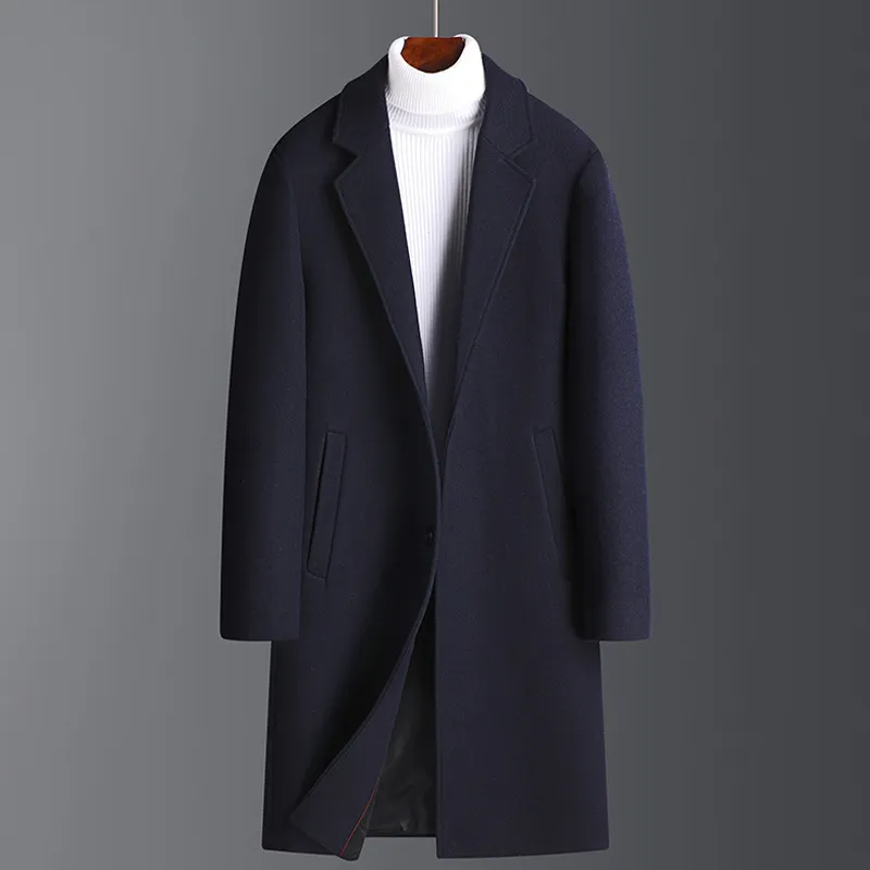 Men Autumn Winter Fashion Leisure Business Office Solid Color Long Sleeve Lapel Plus Size Long Wool Coat