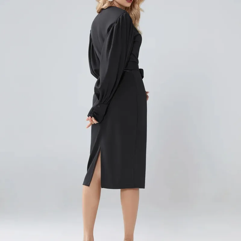 Women Fashion Solid Color Lantern Sleeve Dress