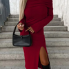 Women Fashion Solid Color Off Shoulder Long Sleeve Split Dress