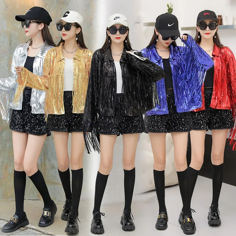 Women Tassel Sequin Jacket Winter New Year Christmas Party Sequin Coat