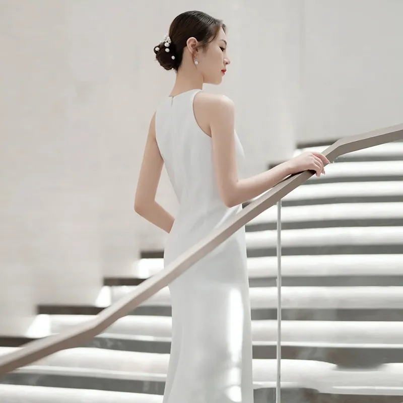Women Satin Simple Hepburn Style Sleeveless Slim Wedding Party Fishtail Dress