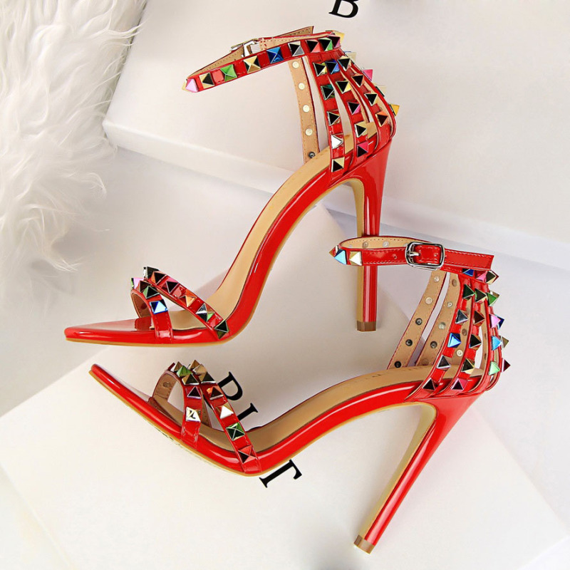 Fashion Women Sexy 11cm High Heels Rivets Studded Sandals Ankle Buckle Strap Stiletto Shoes