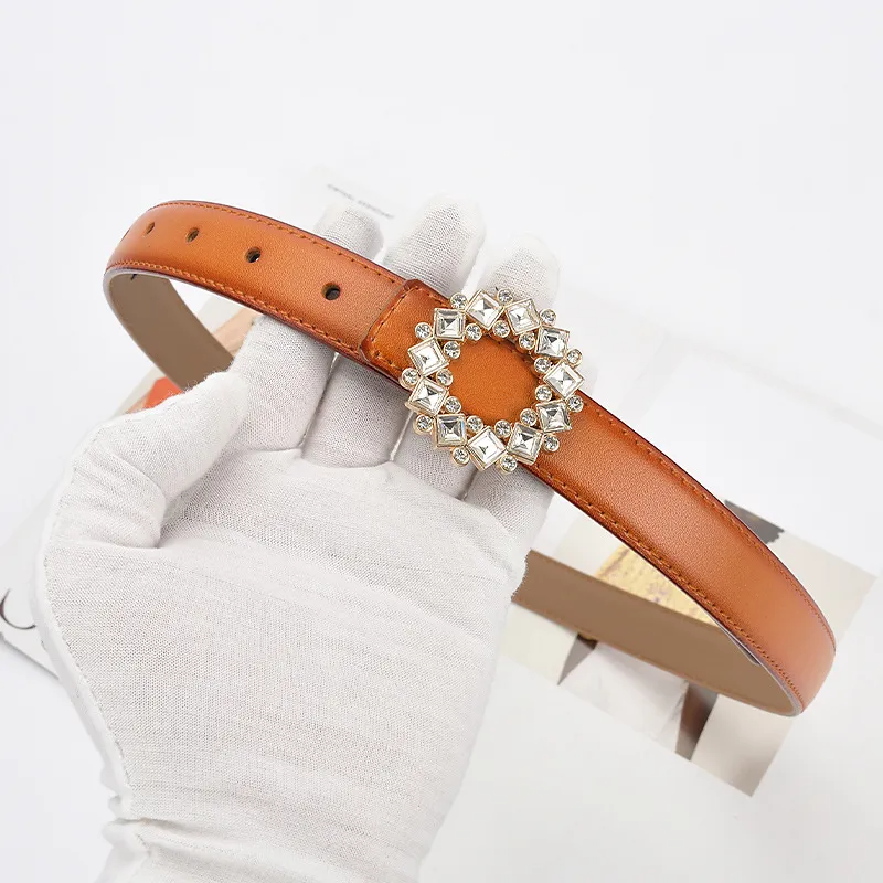 Women'S Fashion Casual Rhinestone Round Alloy Buckle Leather Belt