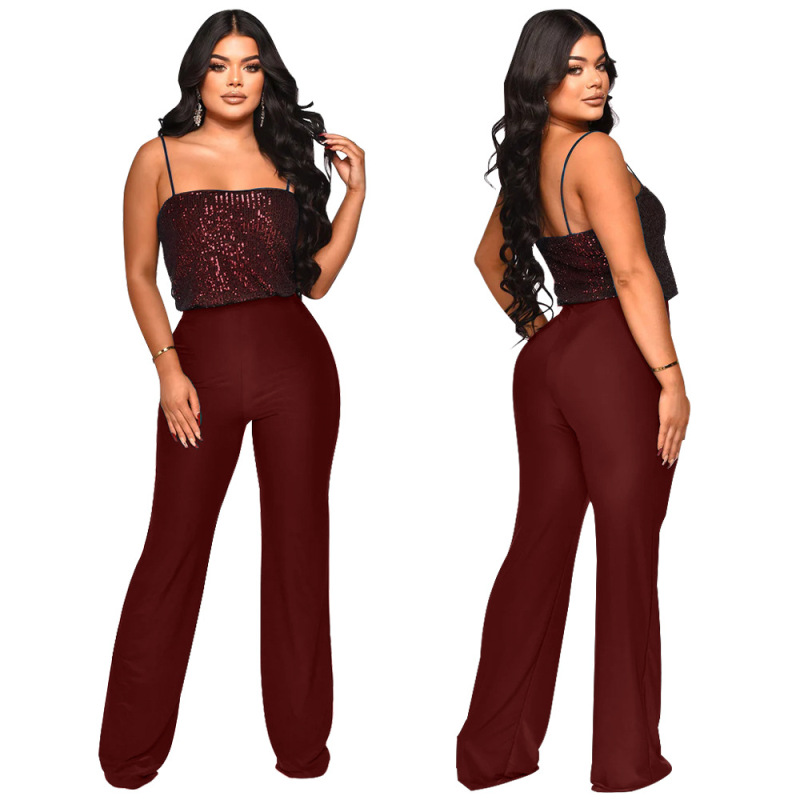 Fashion Solid Color Sequined Sleeveless Women Sequin Suspenders Jumpsuit