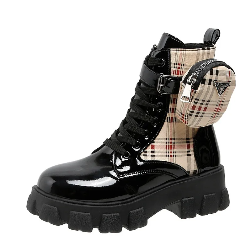 Women Fashion Plus Size Plaid Pocket Thick-Soled Martin Short Combat Boots