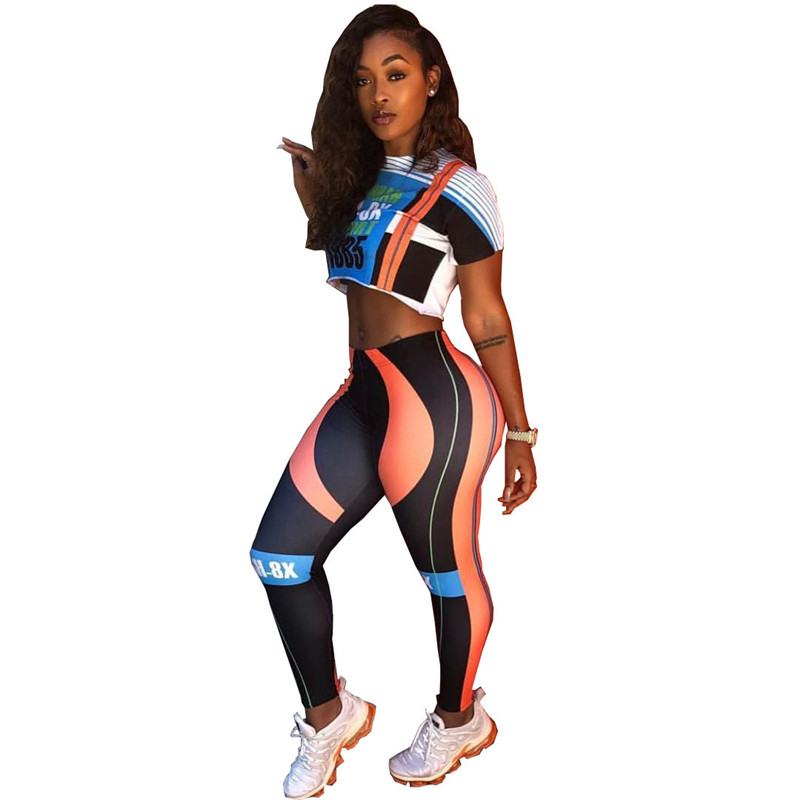 Women Multicolor Crop Top And TIght Leggings 2pcs/Set Sportswear