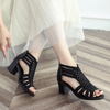 Women Fashion Sexy Hollow Peep Toe Rhinestone Chunky Heel Sandals