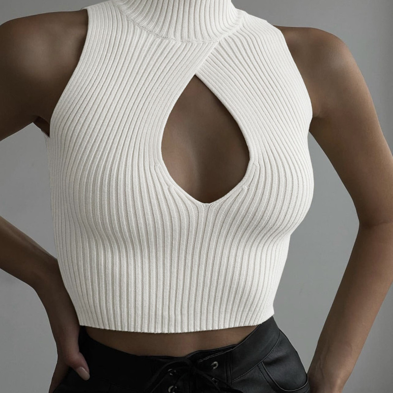 Fashion Women Solid Color Sleeveless Hollow Slim Fit Cropped Knitwear Top