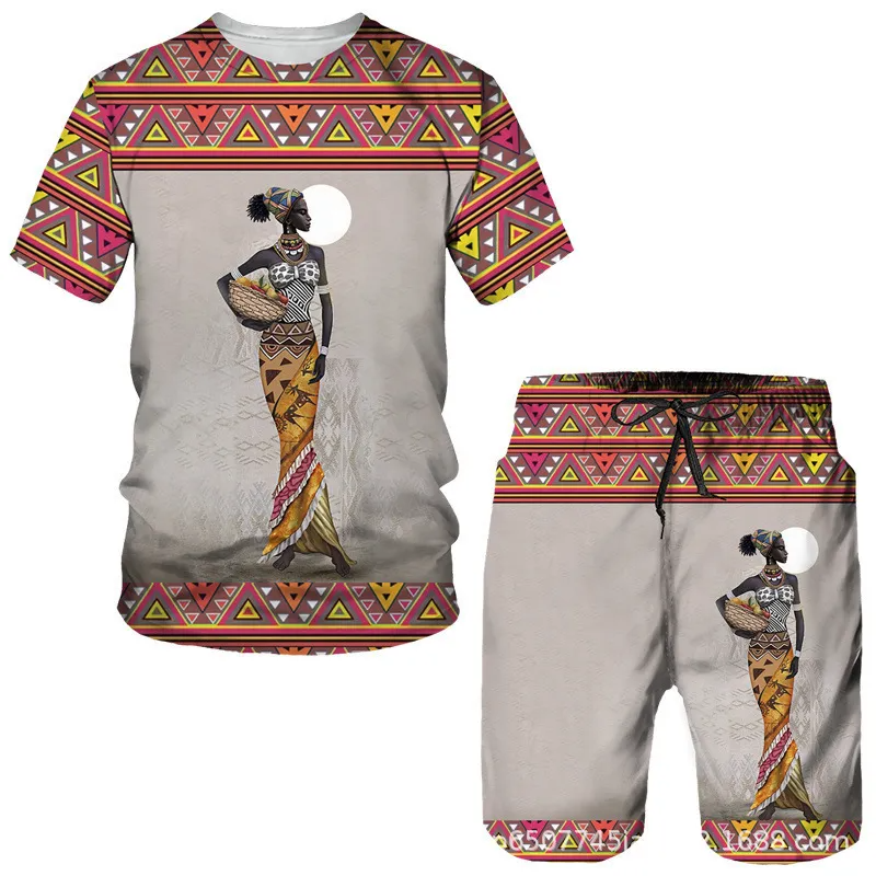 Men Fashion Plus Size Round Neck Short Sleeve Printed T-Shirt And Shorts Two-Piece Set