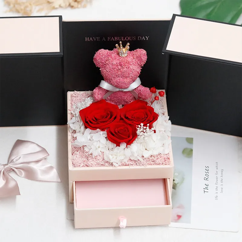 (Buy 1 Get 1) Valentine Day Cartoon Three Roses Bear Crown Jewelry Storage Box