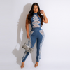 Women Fashion Sexy Backless Hole Sleeveless High Elastic Denim Jumpsuit