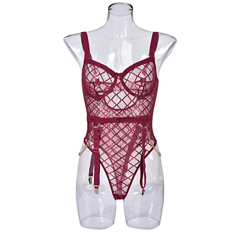 Women'S Sexy See-Through Mesh Metal Chain One-Piece Lingerie