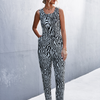 Women Leopard Print Waist Tie Sleeveless Jumpsuit