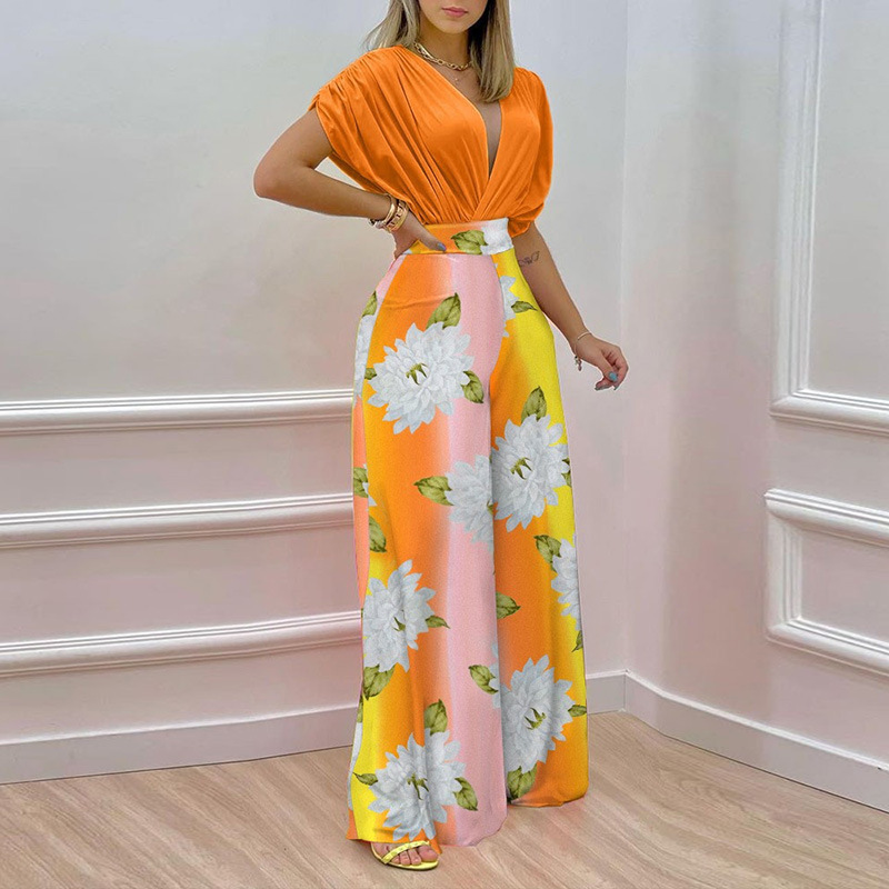 Women Elegant Solid Color Top And Floral Printed High Waist Wide Leg Pants Two Pieces Office Chic Set