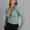 Fashion Casual Solid Color Women Ribbed Long Sleeve V Neck Basic Button Bodysuits