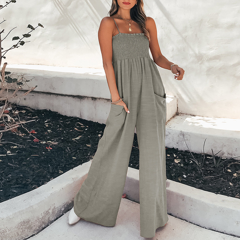 Women Solid Color Sling Stretchy High Waist Wide Leg Casual Jumpsuits