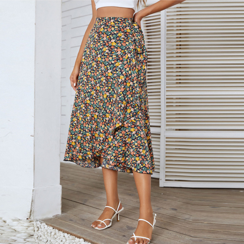 Women'S Casual Bohemian Small Tiny Flower Printing Beach Vacation Drawstring Waist Irregular Wrap Skirt