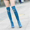 Women Solid Color Denim Open Toe Over The Knee Boots