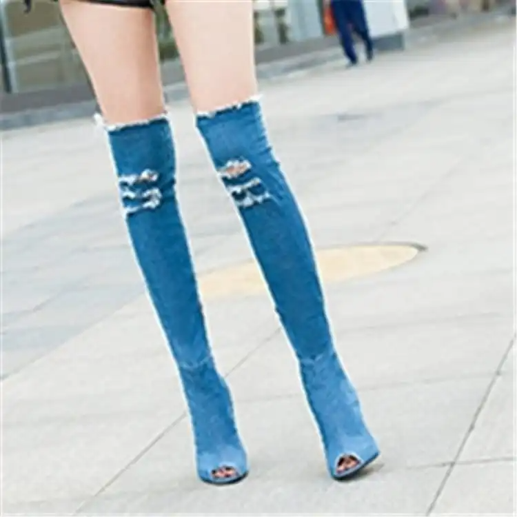 Women Solid Color Denim Open Toe Over The Knee Boots