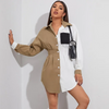 Women Casual Color Blocking Pocket Long-Sleeved Shirt Dress Blouse