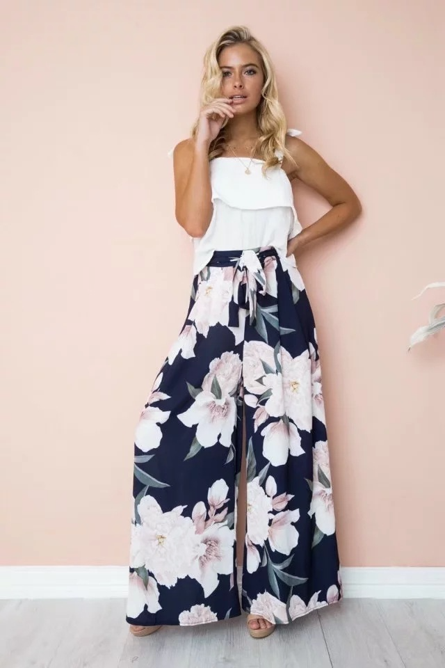 Women Simple Floral Printed High Waist Loose Casual Wide Leg Pants