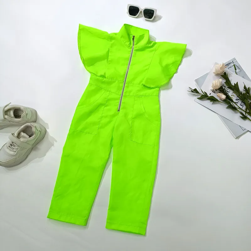 Children Kids Toddlers Girls Solid Color Ruffle Sleeve Jumpsuit