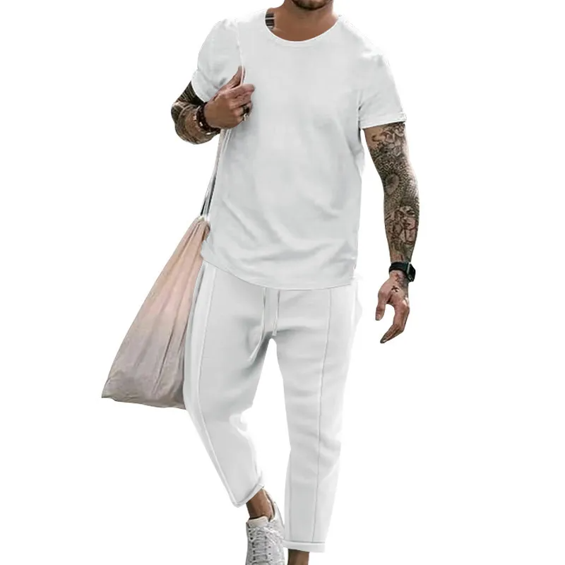 Men Casual Round Neck Short-Sleeved Solid Color T-Shirt And Trousers Two-Piece Set