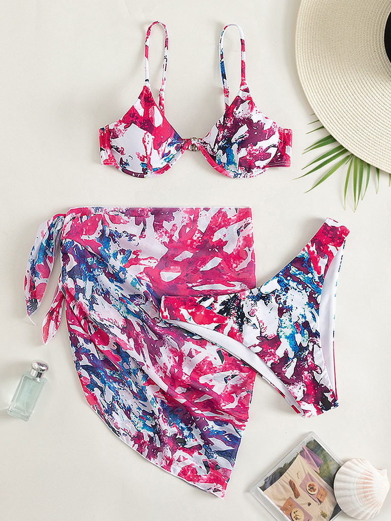 Women Sexy Printing High Waist Swimsuit Bikini Coverup Three-Piece Set