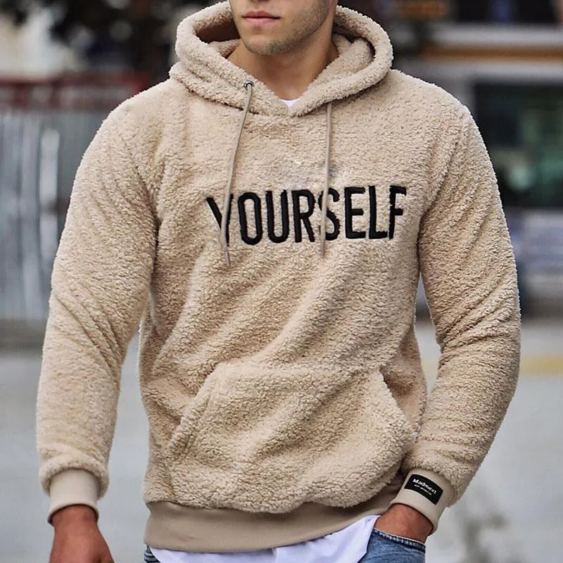 Men Casual Simple Solid Color Double Sided Fleece Hooded Letter Print Sweatshirt