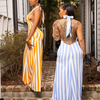 Women'S Fashion Sexy Stripe Halter Neck Backless Maxi Vacation Dress