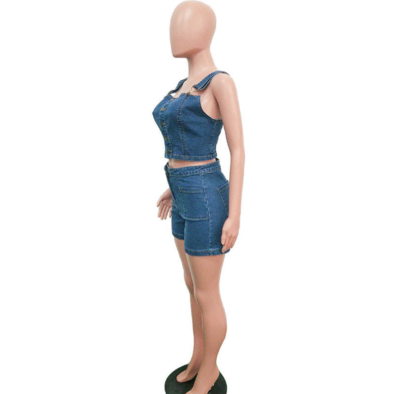 Women Sexy Single-Breasted Denim Tank Top And Shorts Two-Piece Sets