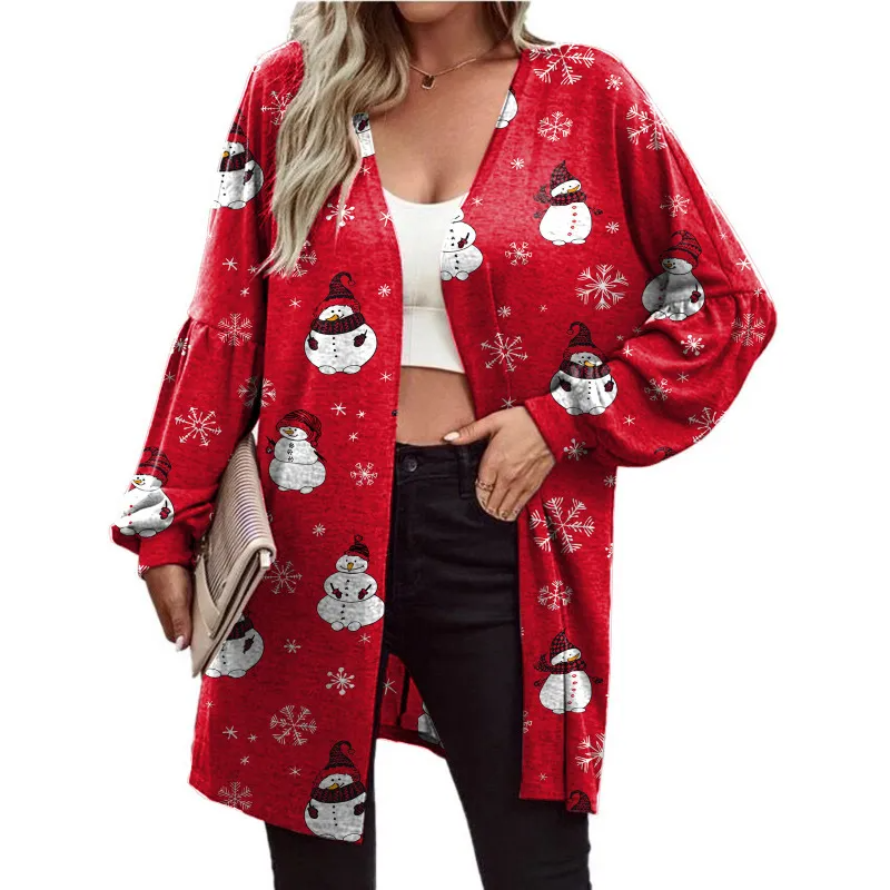 Women Fashion Cartoon Christmas Snowman Snowflake Print Long Sleeve Cardigan Jacket