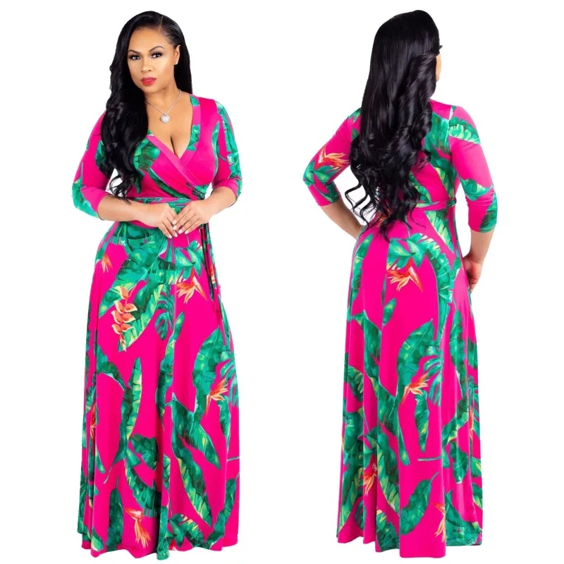 Women Ramadan /Eid Fashion Casual Printed V-Neck Long Sleeve Dress