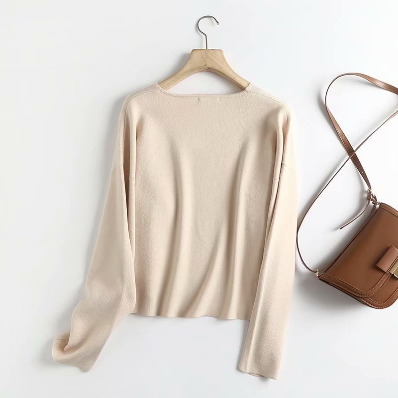 Basic V-Neck Sweater Plain Pullover Long-Sleeved Women Casual Knittwear