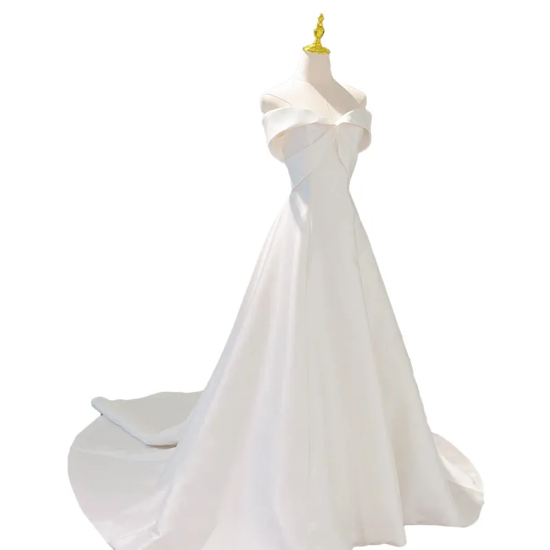 Bride Simple Temperament Long Tail One Shoulder Satin Wedding Dress