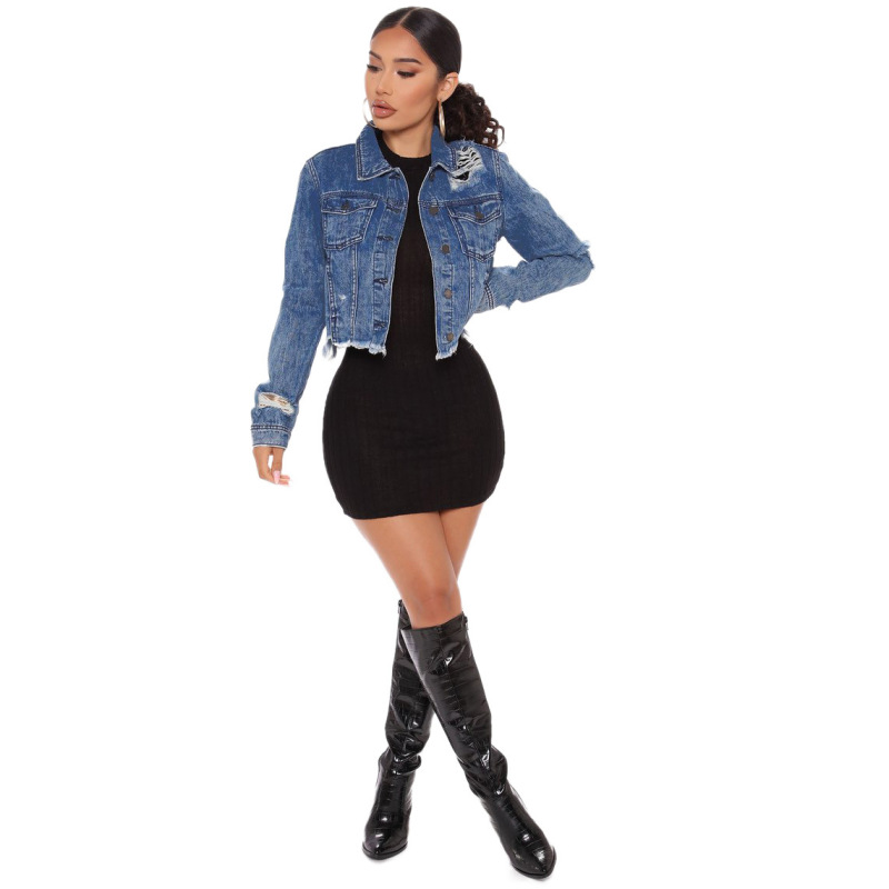 Women Personality Ripped Tassel Short Retro Long Sleeve Denim Jacket