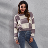 Women Simple Long Sleeve Plaid Jacquard Loose Knit Sweater