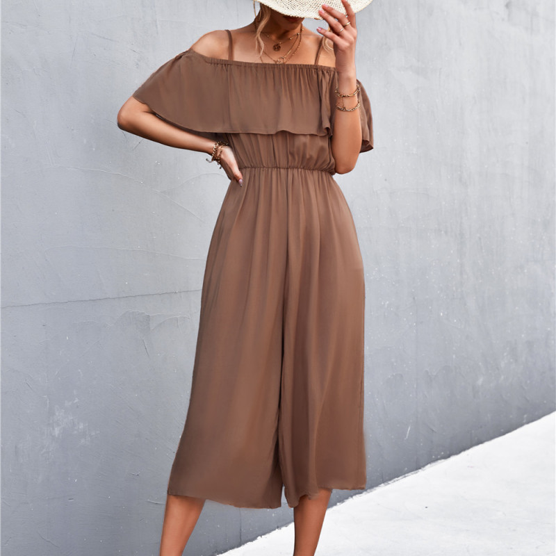 Women Solid Color One-Shoulder Loose Casual Sling Jumpsuit