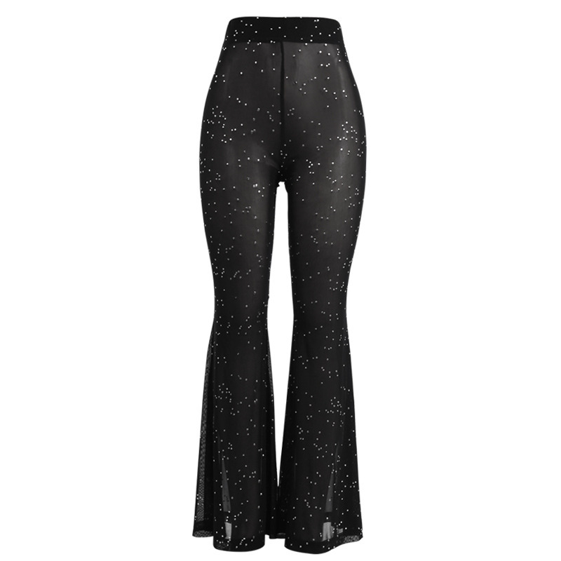 Women Fashion Sexy Solid Color Mesh See-Through Sequined Flared Pants