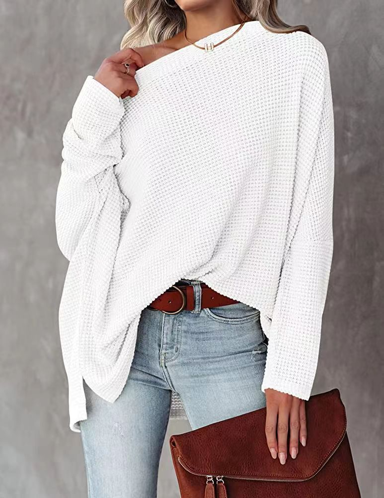 Women'S Casual Off Shoulder Dolman Long Sleeve Waffle Knit Oversized Pullover Tops