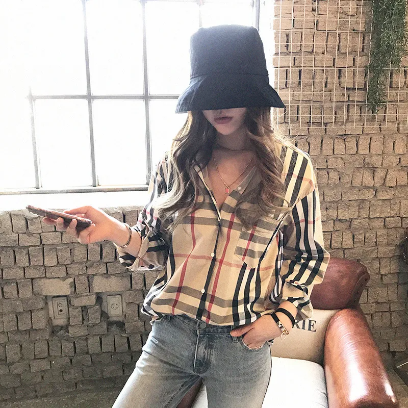 Classic Plaid Women Vintage Office Loose Long-Sleeved Shirt Lapel Blouse