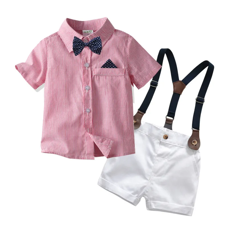 Kids Toddler Boys Summer Fashion Casual British Style Bow Solid Color Stripe Lapel Shirt Suspender Trousers Boys Party Clothing Set