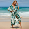 Women'S Sexy Leaves Print V Neck Batwing Sleeves Beach Vacation Loose Waist Tie Cardigan Dress