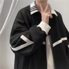 Men Casual Lapel Zip Black White Contrast Loose Sports Jacket